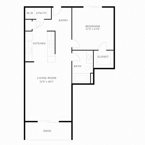 Floor plan for 1 bed, 1 bath, 645 sqft